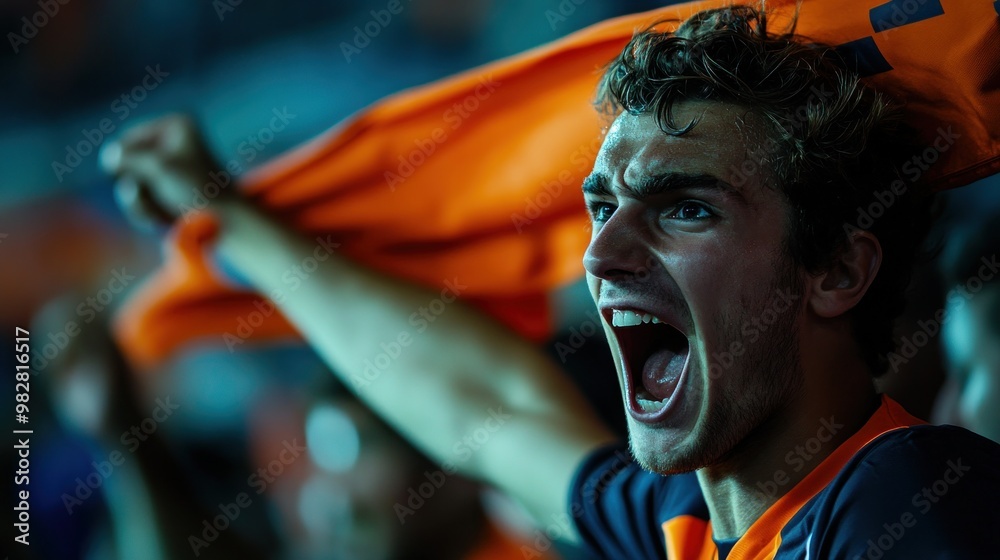 Canvas Prints A passionate fan cheering loudly at a sports event, holding an orange flag.