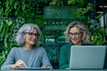 Two women working on laptops with data visualizations in the background.