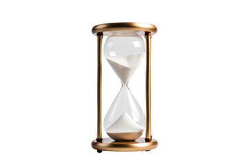 A classic hourglass with an intricate brass frame, positioned against a stark white backdrop,