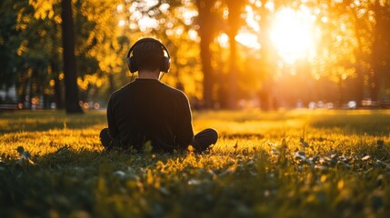 A person sitting in a park, wearing headphones, enjoying a serene sunset.