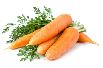 Carrots isolated. Carrot on white background. Four carrots with green leaves. Full depth of field , ai