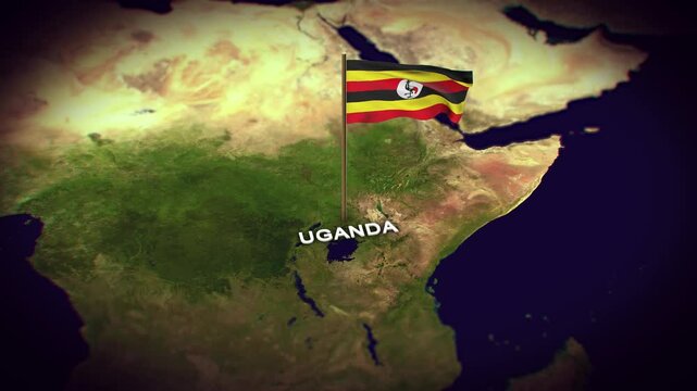 The Flag of Uganda on the World Map, Uganda map with flag 3d animation