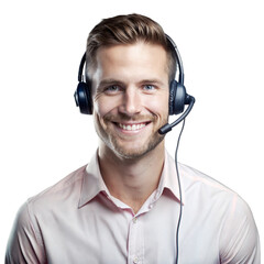Friendly customer service representative wearing headset, smiling while posing on transparent background