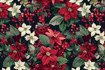 Christmas watercolor illustration, seamless botanical pattern of red Christmas star flowers, green leaves, fir and red berries on black background, for printing on fabric or wrapping paper