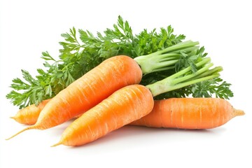 Carrots isolated. Carrot on white background. Four carrots with green leaves. Full depth of field , ai