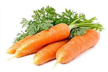 Carrots isolated. Carrot on white background. Four carrots with green leaves. Full depth of field , ai