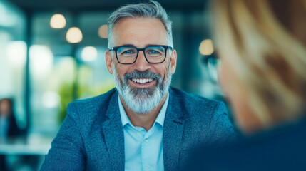 Obraz premium Smiling businessman in a suit looks at a colleague.