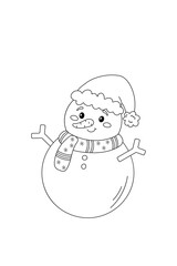 Simple coloring book, snowman, new year black and white, line drawing on white background.