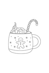 Simple coloring book, cocoa marshmallow, new year Christmas black and white, line drawing on white background.