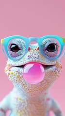 A close-up of a lizard rocking colorful glasses and chewing bubblegum, blending humor with unique animal portraits.