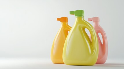 Three colorful cleaning product bottles arranged on a light background.