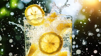 A refreshing drink with lemon slices splashing in sparkling water.
