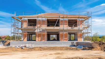 Fototapeta premium A construction site featuring a partially built brick house with scaffolding.