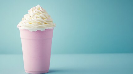 A pink milkshake topped with whipped cream and sprinkles in a cup against a blue background.