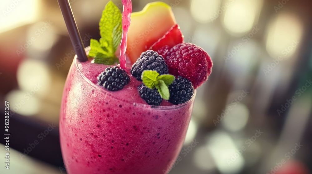 Wall mural A vibrant berry smoothie topped with fresh fruits and mint leaves in a glass.