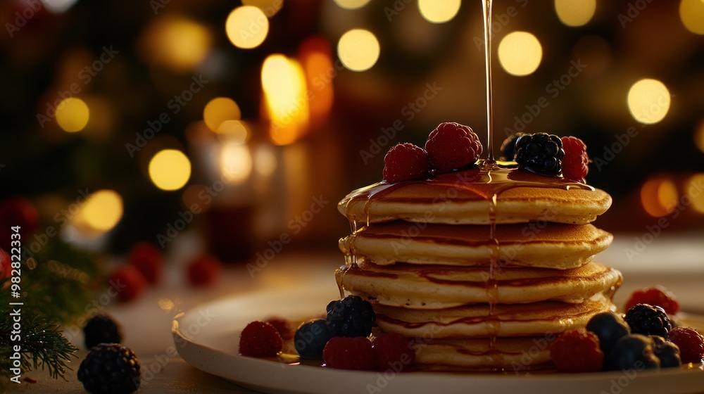 Poster A stack of fluffy pancakes topped with berries and syrup, creating a cozy breakfast scene.