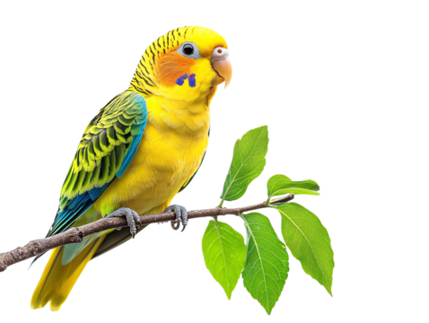 A vibrant yellow budgerigar perched on a branch, showcasing its colorful feathers and playful expression.