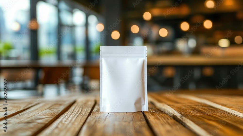 Poster A blank white pouch stands on a wooden table in a cozy, blurred café setting.