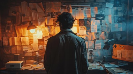 A highly realistic image of a person engaged in Setting up a scary escape room in the office The scene is well-lit, with natural light highlighting the details. The background is slightly blurred 