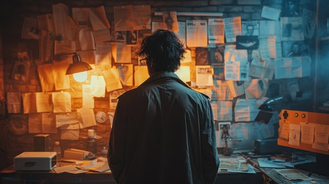 A highly realistic image of a person engaged in Setting up a scary escape room in the office The scene is well-lit, with natural light highlighting the details. The background is slightly blurred 