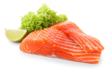 Pieces of fresh salmon, lime and lettuce isolated on white