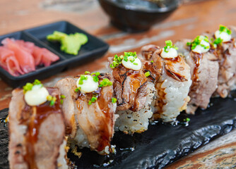 wagyu beef sushi On the plate (Japanese style food)