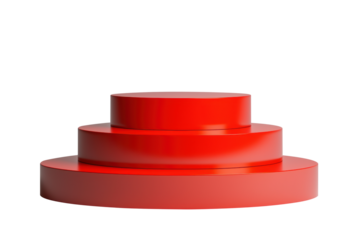 Red cylindrical three-tier pedestal featuring smooth, minimalistic surfaces and a modern design. Perfect for showcasing products. Isolated on transparent background, png.