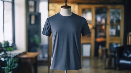 A plain gray t-shirt displayed on a mannequin in a cozy indoor setting.