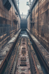 industrial site, empty dry dock, ship building facility, abandoned and rusted, symmetrical composition, concrete and rusted metal, long canal, portrait format, photorealistic