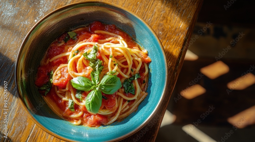 Canvas Prints A bowl of spaghetti with tomato sauce and fresh basil, beautifully presented.