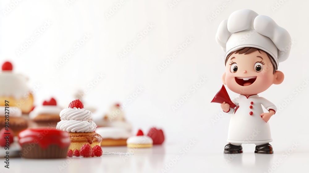 Sticker A cheerful cartoon chef holds a piping bag, surrounded by delicious desserts.