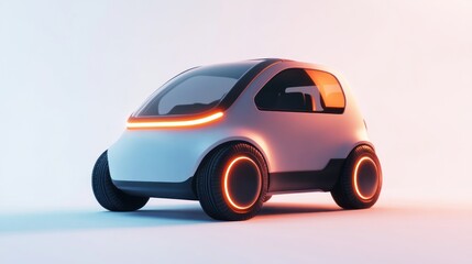 A futuristic compact car with a sleek design and illuminated wheels.