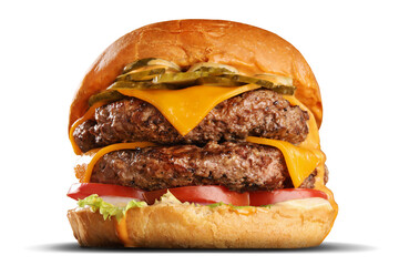Big classic cheesy double patty beef cheese burger on white background isolated 