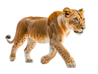 A majestic lioness gracefully walks, showcasing its strength and elegance in a stunning display of nature's beauty.