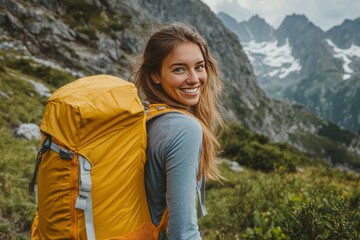 Naklejka premium A smiling female traveler with a yellow hiking backpack enjoys the beautiful scenery of the majestic mountains. Travel, adventure. Concept of an active lifestyle, ai