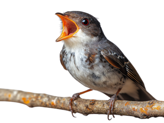 A vibrant bird perched on a branch, singing with its beak wide open, showcasing its colorful plumage and lively expression.