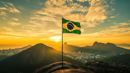 Beautiful landscape photograph Brazilian flag flying top mountain National liberation: independence