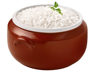 cumbuca de barro com arroz branco cozido isolado em fundo transparente