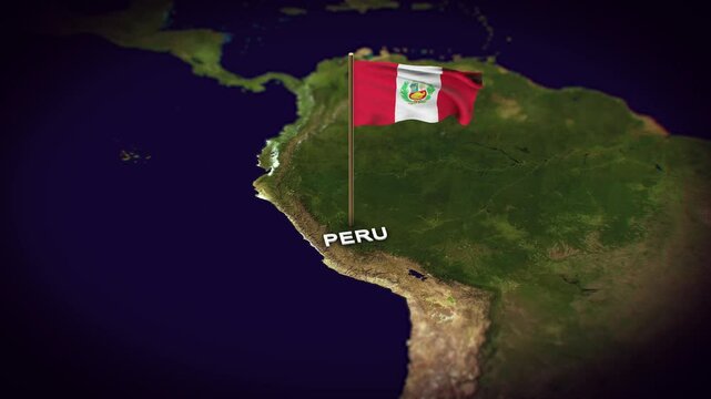 The Flag of Peru on the World Map, Peru map with flag 3d animation