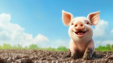 A happy cartoon piglet playing in the mud under a clear blue sky, with room for text