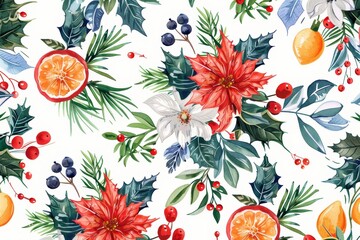 Christmas watercolor illustration, seamless botanical pattern of red and white flowers, green holly leaves, orange slices and red berries on white background, for printing on fabric or wrapping paper