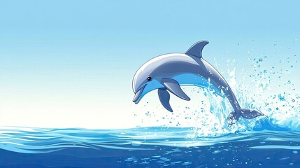 Fototapeta premium A playful cartoon dolphin jumping out of the ocean, creating a splash. Clear blue sky with copy space