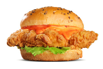 CRISPY CHEESY CHICKEN ZINGER BURGER ISOLATED ON WHITE