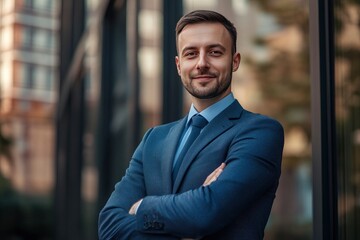 Obraz premium Handsome 30s top manager portrait in formal suit. Successful entrepreneur look camera. Confident business man smile. Young male businessman face. Urban city background. 40s employee work, ai