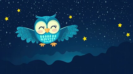 A smiling cartoon owl flying through the night sky with room for copy among the stars