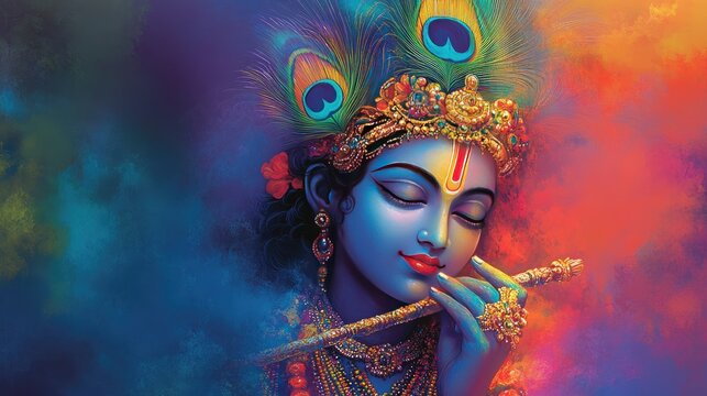 Naklejki A vibrant depiction of Lord Krishna in a traditional pose with a peacock feather crown, leaving room for copy on the side