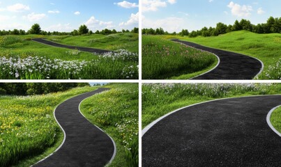 Collage four photographs winding road green landscape made Set of paths