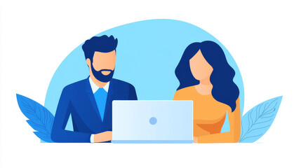 A man and a woman work together on a laptop.