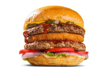 Big classic cheesy double patty beef cheese burger on white background isolated 