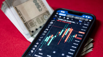 Indian 500 rupee currency bank note against share market chart on a display